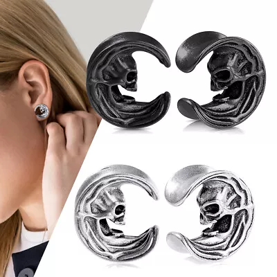 PAIR Steel Ear Gauges Skull Moon Saddle Ear Spreader Single Flared Tunnel Plugs • $11.98