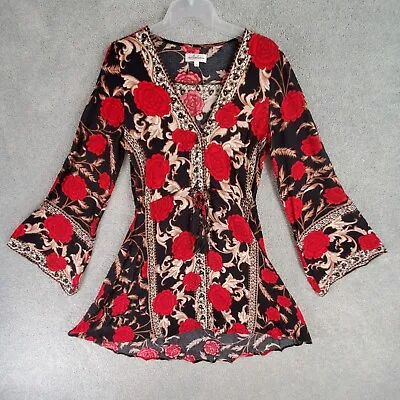 $64.99 • Buy ARNHEM Dress Women 6 Black Red Floral Fit Flare Long Sleeve V-Neck Button Ladies