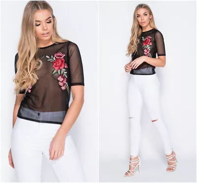 £7.99 • Buy Women Flower Heart Embroidered Crop Mesh See Through Sheer Top Shirt Tee Blouse
