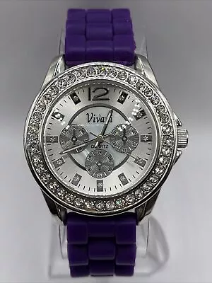 Vivani Women's Quartz Watch Rhinestone Bezel Purple Silicone Band- New Battery • $6.80