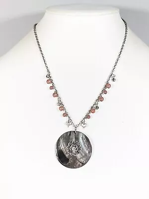 Gray Shell Disc Pendant Crystal Medallion Heart Faux Pearl Charm Necklace 19 In • $10.84