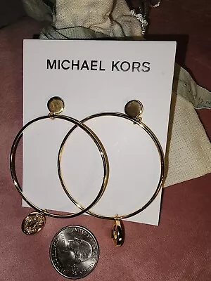 MICHAEL KORS Goldtone MK Dangle LOGO CRYSTALS LtWeight Hoops EARRINGS $150🎁NWT! • $57.99