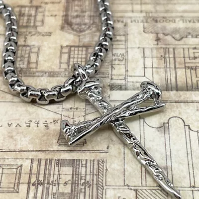 Rustic Nail Cross Rhodium Finish Necklace On Heavy Stainless Steel 24  Chain • $19.99
