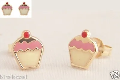 9ct Gold Pink Cherry Enamelled Cup Cake Stud Earrings Kids Girls X'mas GIFT BOX • £19.90