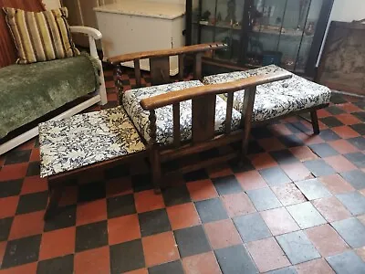 Antique Arts & Crafts Oak Morris Reclining Armchair Day Bed Secret Garden Fabric • £595