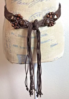 Vintage Macrame Woven Beaded Belt Boho Style Fringe Brown Large 31  • $13.99