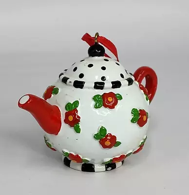 Mary Engelbreit Teapot White Ornament With Red Flowers Black Polka Dots Resin • $9.99