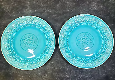 Set 2 ROSCHER & CO Moroccan Medallion Dinner Plates Solid Turquoise Crackle 10.5 • $24