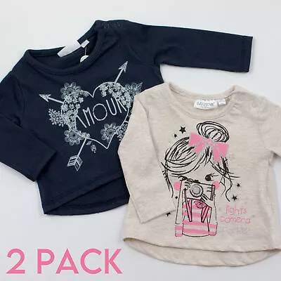 2 Pack Baby Girls Long Sleeved T-Shirt Cotton Jersey Top Poppers 0 3 6 9 Months • £5.49