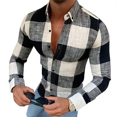 Mens Plaid Tartan Lapel T Shirt Long Sleeve Buttons Casual Slim Fit Tops Blouse • £13.67