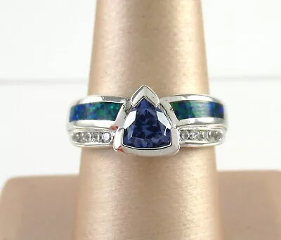 .925 Sterling Silver Tanzanite Ring W/ Black Opal Inlay Trillion Cut Bezel Set • £65.58