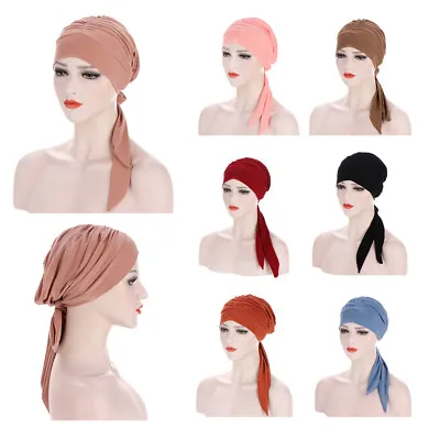 Women Muslim Turban Hat Head Scarf Pre-Tied Long Tail Chemo Cap Headwrap Cover • $5.31