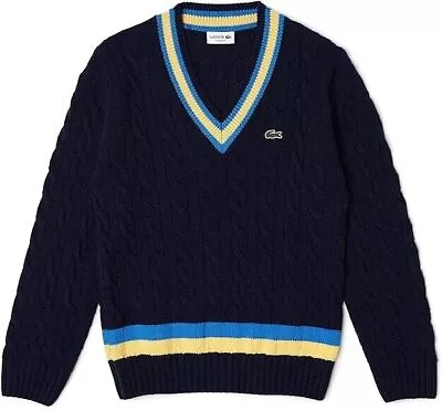 Lacoste V Neck Blue Cable Knit Sweater Striped Wool Jumper Mens • £99.99