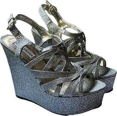 Steve Madden Platform Wedge Silver Glittery Sandals Heels Women’s Size 7 • $30