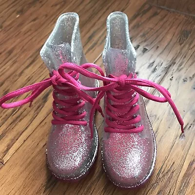 Wonder Nation Youth Size  7-8 Girls Rain Boots Pink Glitter High Tops Tie • $14