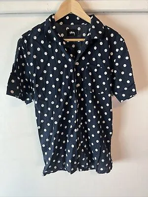 $19.99 • Buy Stussy Button Up Short Sleeve Shirt Polka Dots Size L Navy Blue