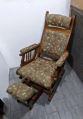Antique Victorian Oak Wood Platform Spring Rocker Recliner Lounge Chair Footrest • $630