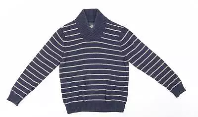 LOGG By H&M Mens Blue High Neck Striped Cotton Pullover Jumper Size L - Blue & I • £5.25