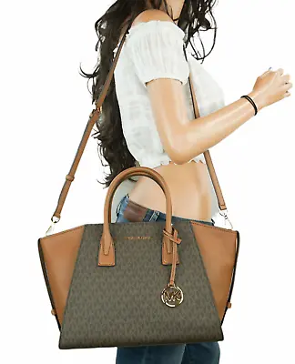Michael Kors Avril Large Top Zip Satchel Shoulder Bag MK Brown $478 • $159