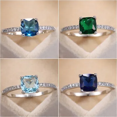 £2.90 • Buy 925 Silver Rings Women Emerald Aquamarine Fashion Wedding Ring Jewelry Size 6-10