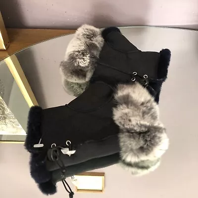 Half Fingerless Navy Genuine Shearling Gloves Mittens Rabbit Fur Trim • $29