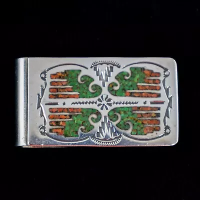  VTG Southwest Navajo Mexico Money Clip Crushed Malachite Coral Inlay Sam Begay? • $64.95