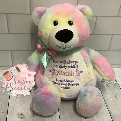 Personalised Rainbow Tie Dye Embroidered Teddy Bear New Baby • £27.99