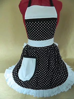 RETRO VINTAGE 50s STYLE FULL APRON / PINNY - BLACK & WHITE SPOT With WHITE TRIM • £25.99