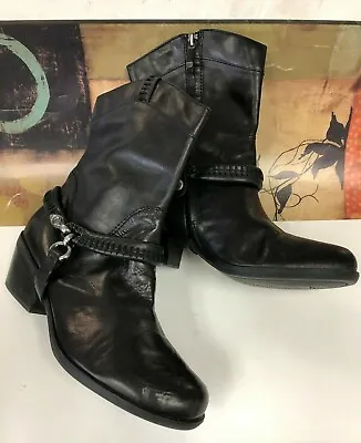 B.MAKOWSKY HUDSON BLACK LEATHER ZIP HARNESS ANKLE BOOTS Size WOMEN'S 7W • $40.99