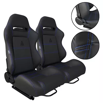2 Tanaka Black Pvc Leather + Blue Stitch Racing Seats Reclinable For Mazda • $285.50