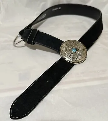 Nocona Belt Turquoise Silver Toned Medallion Buckel Black Leather Womens 28-32 M • $9