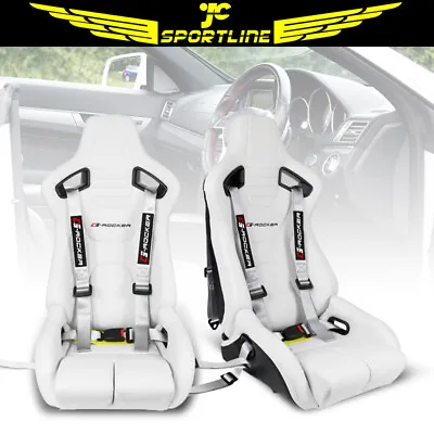 Bucket Racing Seat Universal Recline Dual Slider White PU & Buckle Style Belt X2 • $537.99