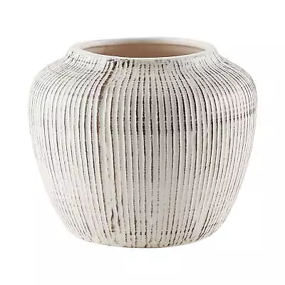 5 Inch White Distressed Stripe Round Stoneware Vase • $14.23