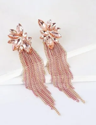 Pink Gold Tassel Chain Long Drop Dangle Big Statement Earrings Blogger Zara Uk • £5.20