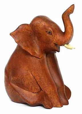Wooden 6  Hand Carved Sitting Elephant Statue Figurine Sculpture Wood Home Decor • $41.99