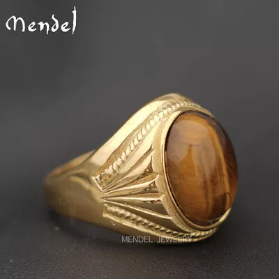 MENDEL Mens Stainless Steel Gold Plated Natural Tiger Eye Stone Ring Size 7-15 • $11.99