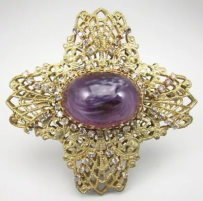 Beautiful Signed Miriam Haskell Purple Poured Glass Brass Rhinestone Brooch Pin • $65