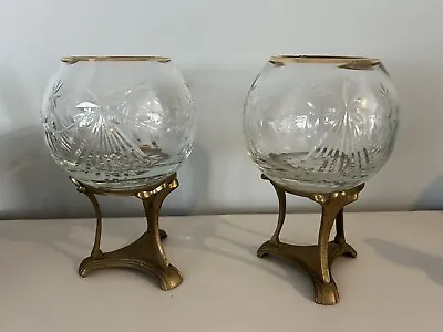 Set Of 2 Cut Crystal VTG Globe Candle Holders Gold Tone Edge Brass Stands • $9.99