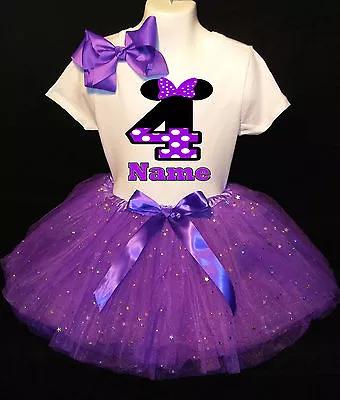 MINNIE MOUSE **With NAME** 4th Fourth 4 Birthday Purple Tutu Dress Fast Shipping • $17.50