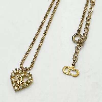 Vintage Christian Dior Logo Heart Rhinestone Necklace Pendant Gold • $95