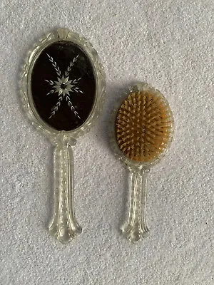 Vintage Vanity Dresser Set Etched Hand Mirror & Hairbrush Clear Lucite Acrylic • $44.97