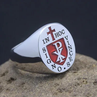 Knights Templar Masonic In Hoc Signo Vinces Chi Rho Silver Ring • $89