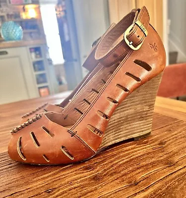 Women's Wedge Peep-toe Shoes With Ankle Strap. Frye Gwen Tan Leather UK6 EU39 • £5