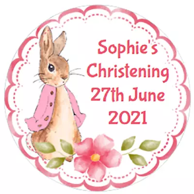 £3.95 • Buy 48 Personalised Christening Baptism Stickers FLOPSY BUNNY  40mm Labels