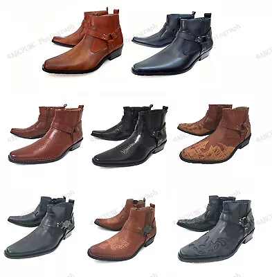 Brand New Men's Cowboy Boots Western Leather Lined Ankle Harness Strap Zipper • $36