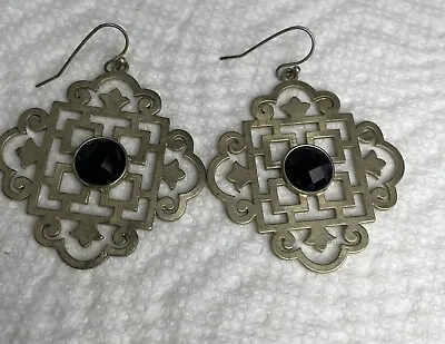 Art Nouveau Earrings Brass Moroccan Filigree W/ Black Lucite Bead • $7.99