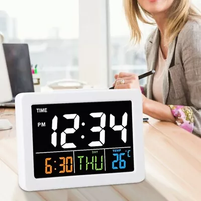 Stylish Large Screen Desk Alarm Clock With Temperature Date Display White • £19.78