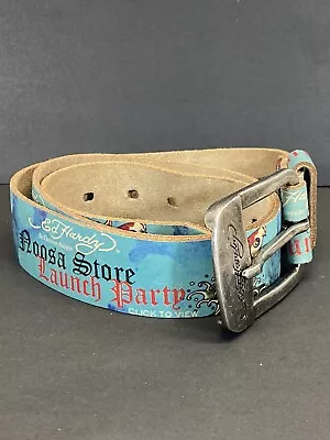 Rare Vintage Ed Hardy Aqua Blue Leather Belt Noosa Store Launch Party  40” • $99.99