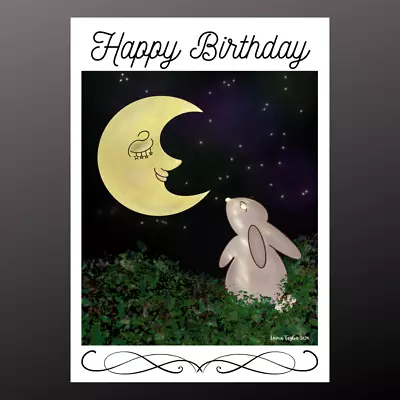Happy Birthday Card Vintage Moon Face Moon Gazing Hare Rabbit Pagan Celestial • £2.99