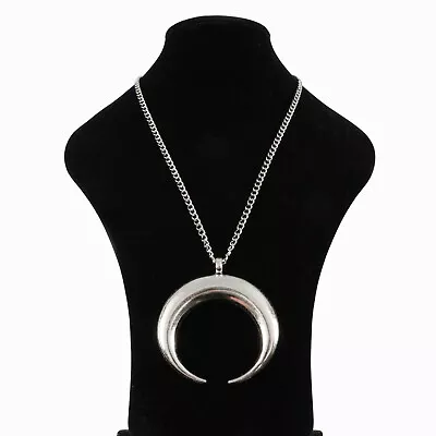 Large Silver Abstract Crescent Moon Double Horn Pendant On Long Chain Necklace • £4.79